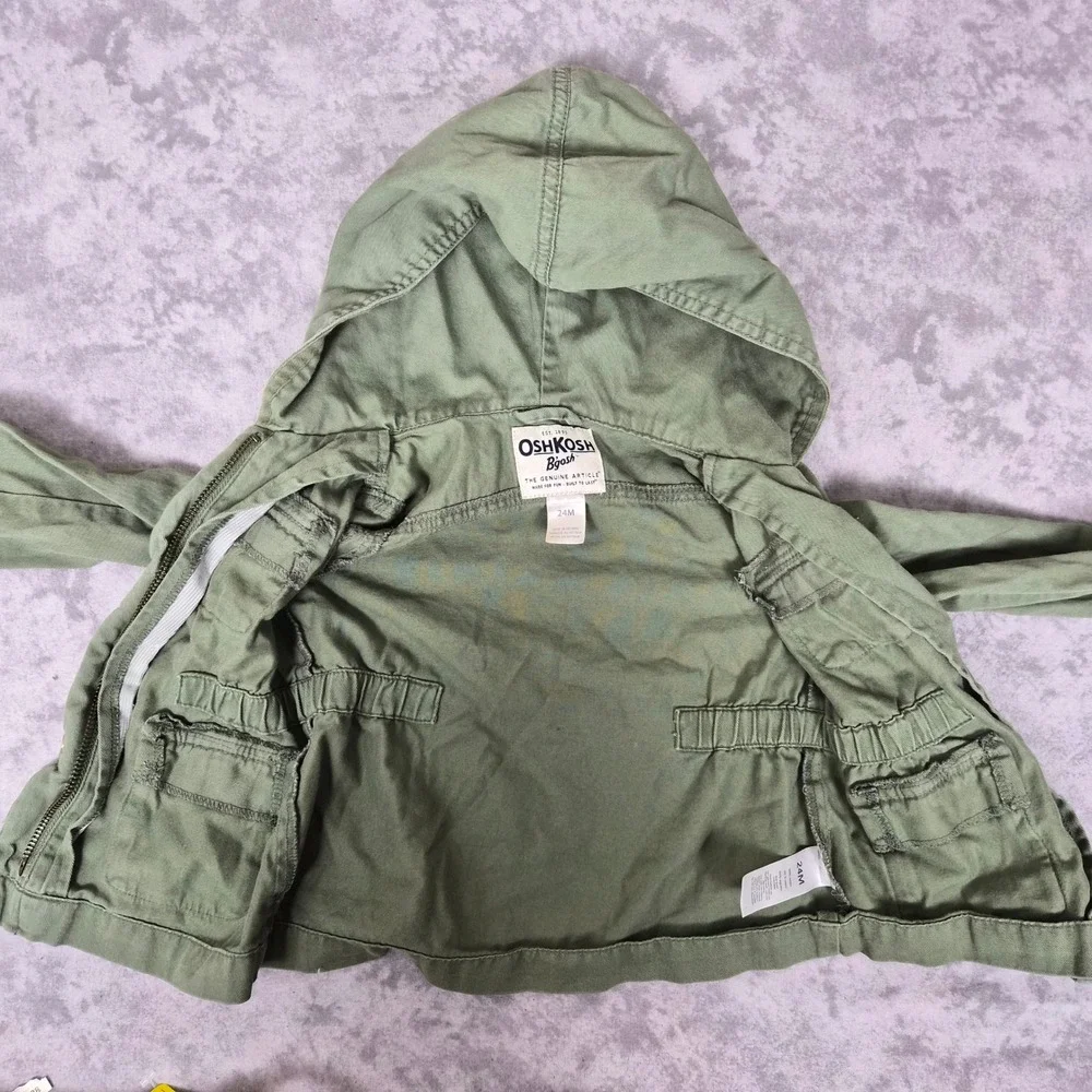 OshKosh Bgosh Utility Jacket Baby 24M 100% Cotton Hooded Canvas Sage Green Twill